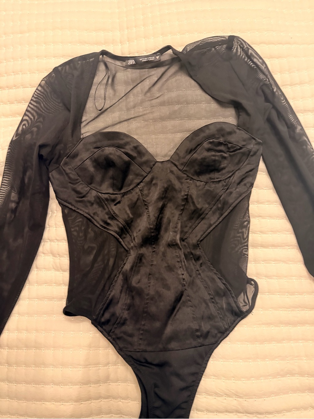 Zara Black Sheer Long-Sleeve Corset-Style Bodysuit